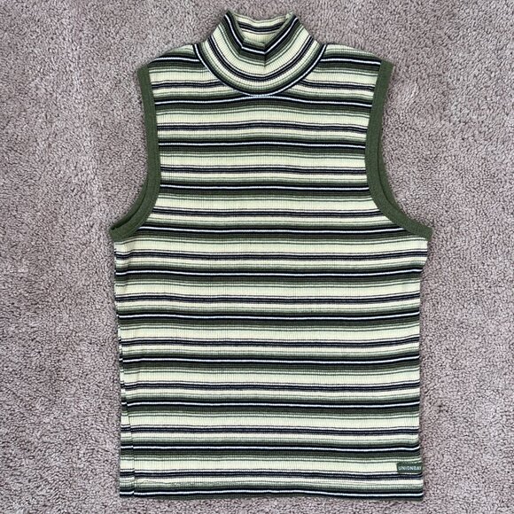Unionbay Mockneck Tank Womens M Green Striped 90s Mod Vintage Made in USA Retro - Picture 1 of 6